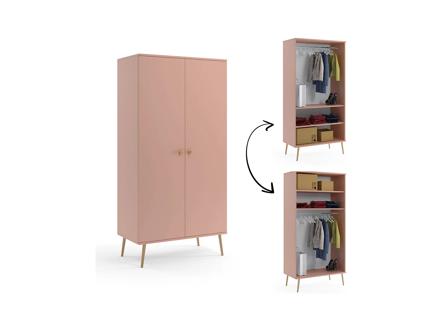 Armario Color Rosa Estilo Escandinavo – 2 Estantes y Barra – Disponible para Salón o Dormitorio 202x100x52 cm