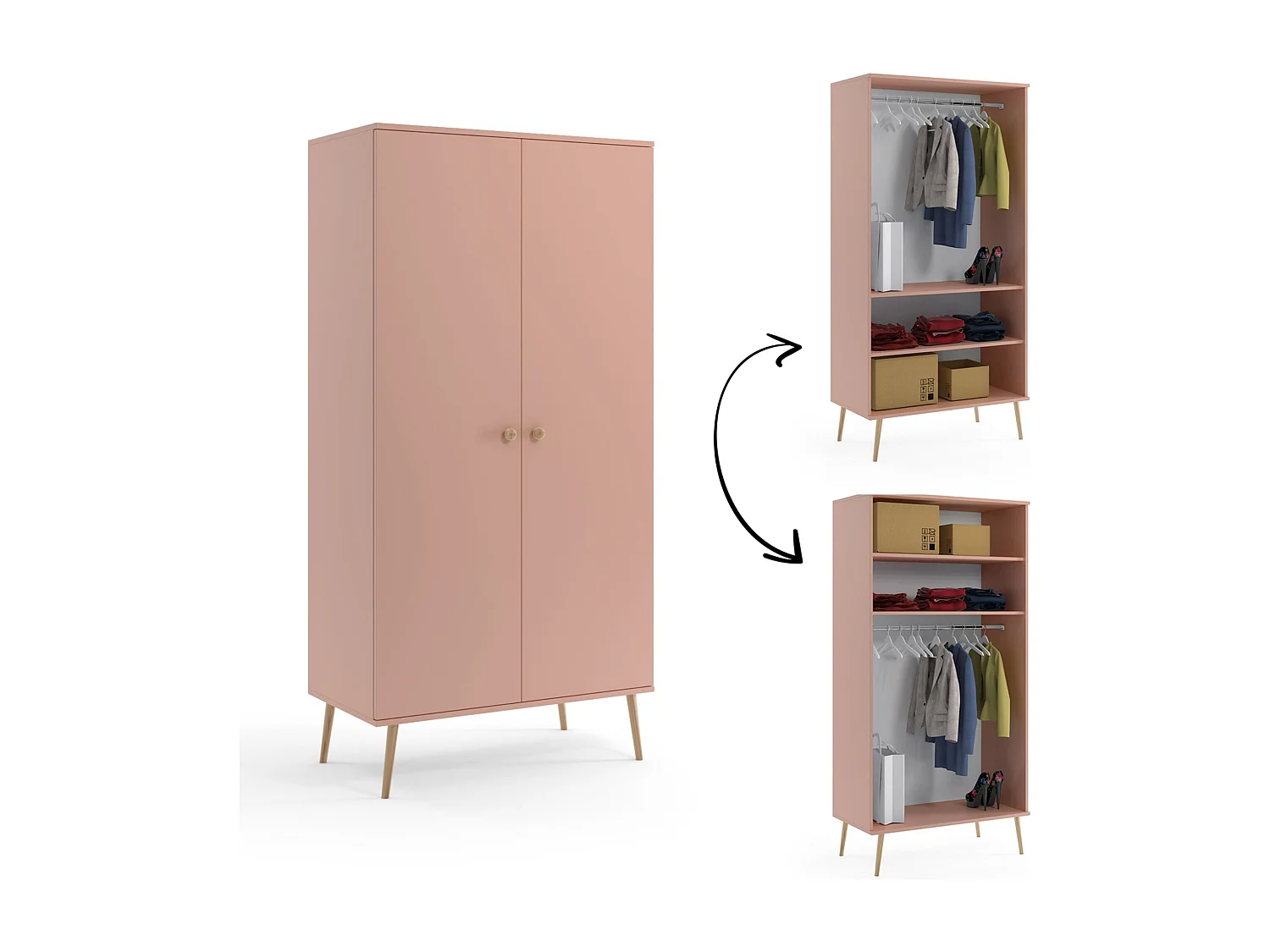 Armario Color Rosa Estilo Escandinavo – 2 Estantes y Barra – Disponible para Salón o Dormitorio 202x100x52 cm