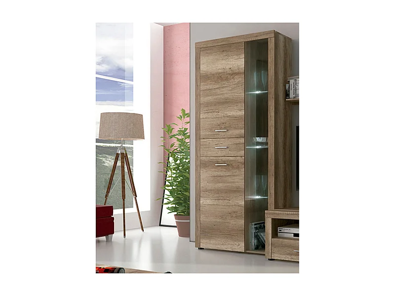 Mueble Vitrina Con Luces Led - Armario Auxiliar Comedor - Acabado Color Cañón - Medidas: Ancho: 95 cm x Fondo: 34,6 cm x Alto: 212 cm