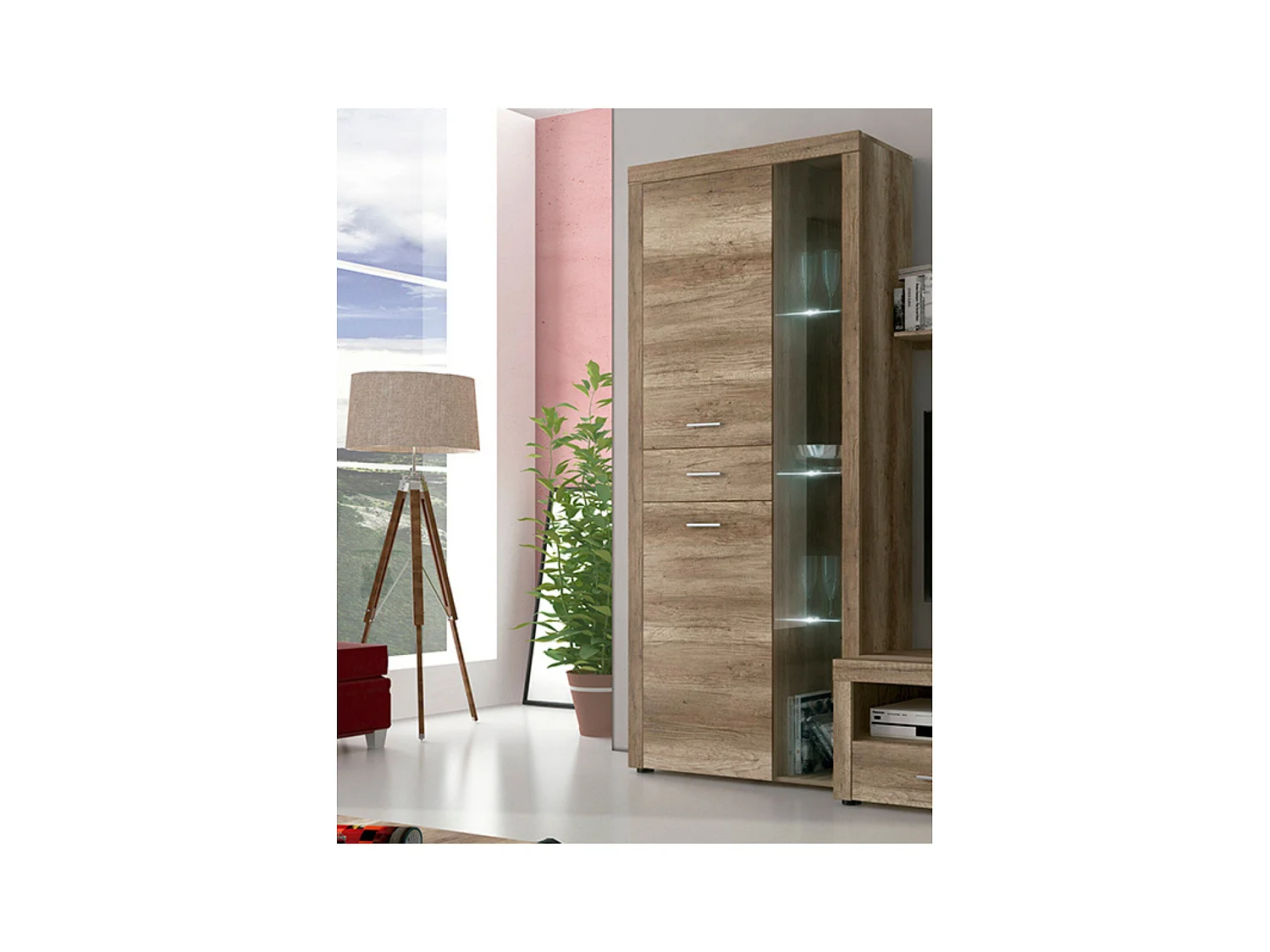 Mueble Vitrina Con Luces Led - Armario Auxiliar Comedor - Acabado Color Cañón - Medidas: Ancho: 95 cm x Fondo: 34,6 cm x Alto: 212 cm