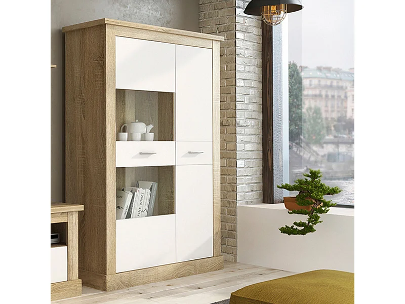Mueble Vitrina 2 Puertas - Armario Auxiliar Comedor - Acabado Color Cambria y Blanco - Medidas: Ancho: 125 cm x Fondo: 41,8 cm x Alto: 174,7 cm