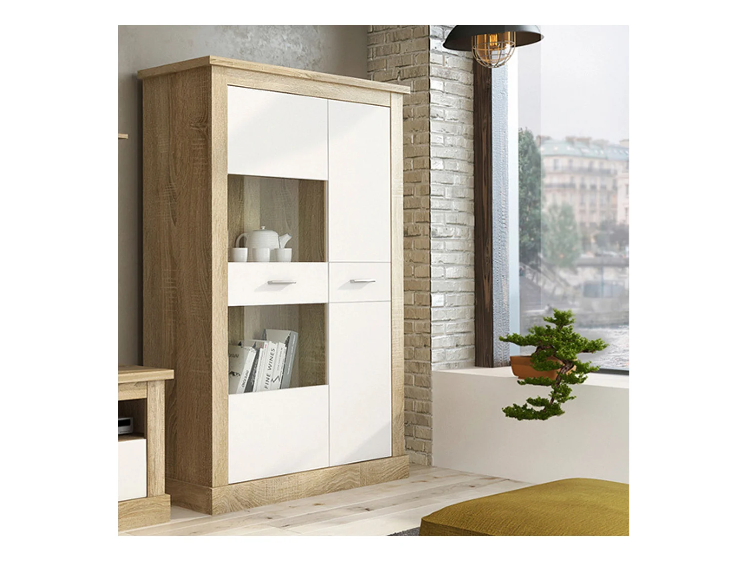 Mueble Vitrina 2 Puertas - Armario Auxiliar Comedor - Acabado Color Cambria y Blanco - Medidas: Ancho: 125 cm x Fondo: 41,8 cm x Alto: 174,7 cm