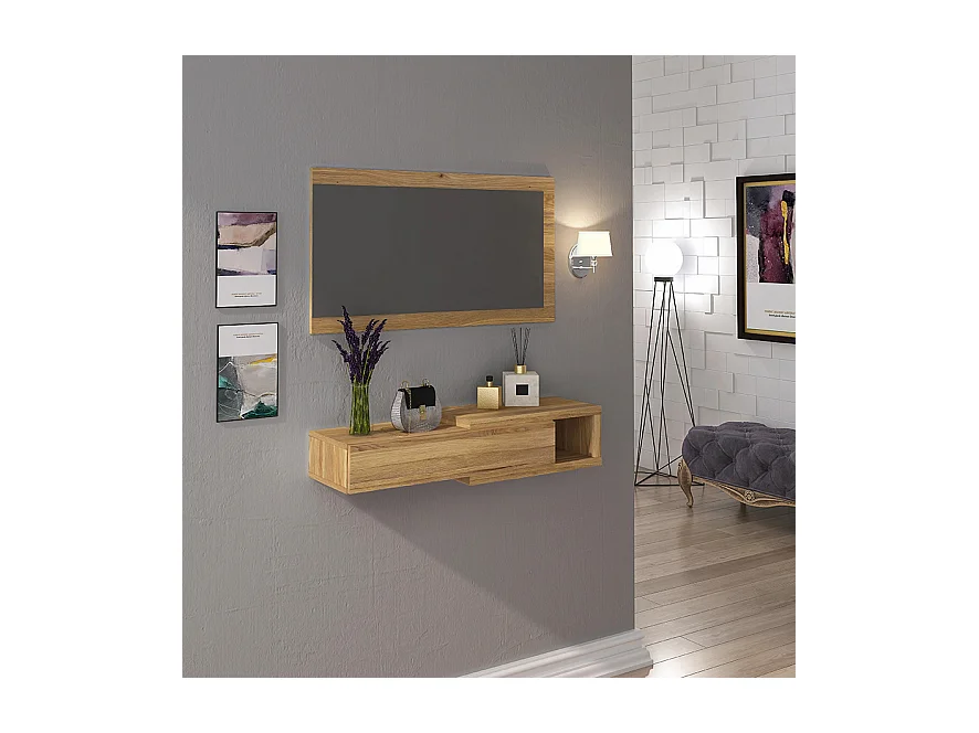 Recibidor con Cajón y Espejo – Consola de Entrada Color Mauvella 91,5 x 26 x 70 cm – Mueble Auxiliar Moderno y Funcional para Pasillos o Entradas