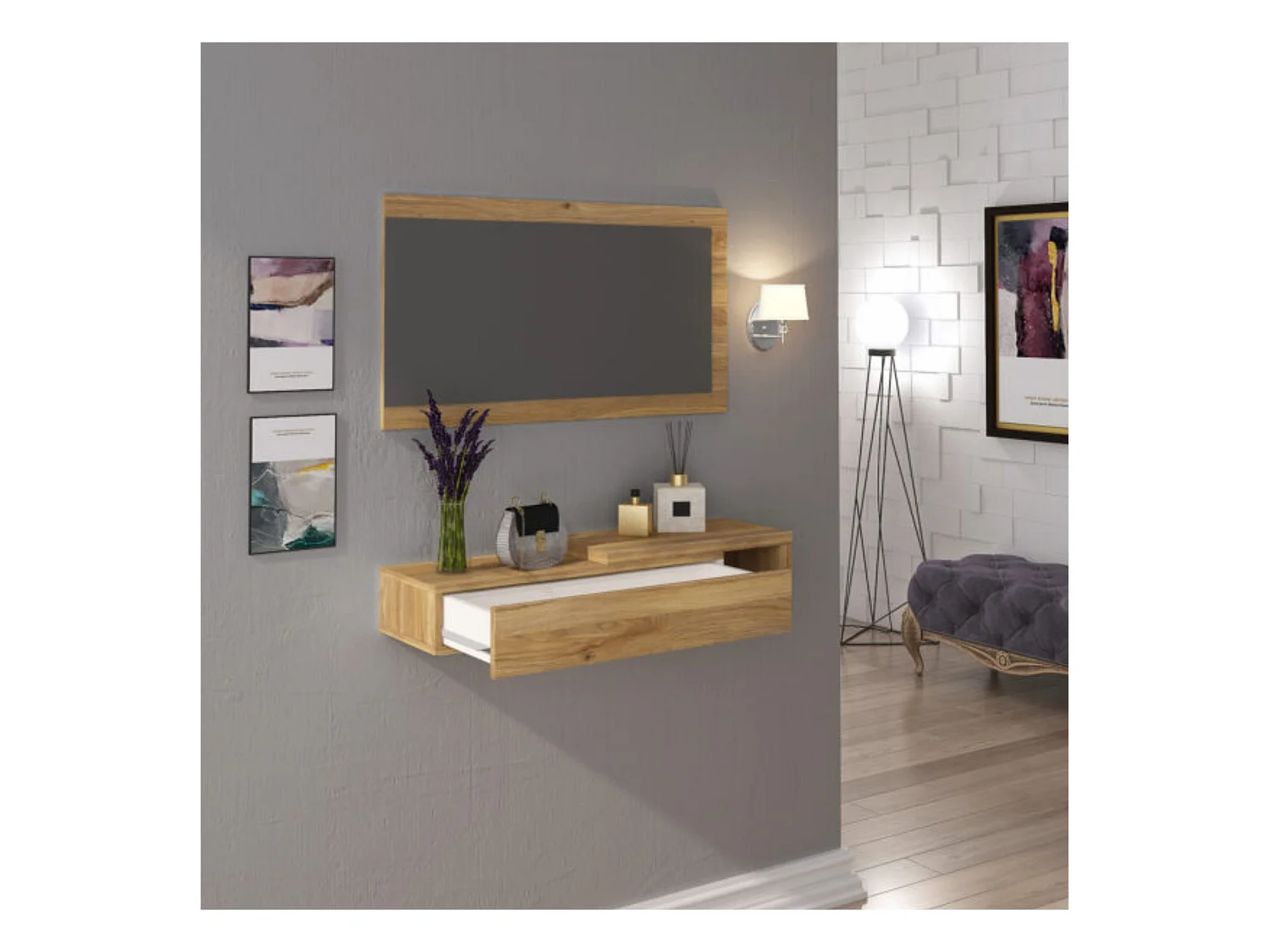 Recibidor con Cajón y Espejo – Consola de Entrada Color Mauvella 91,5 x 26 x 70 cm – Mueble Auxiliar Moderno y Funcional para Pasillos o Entradas