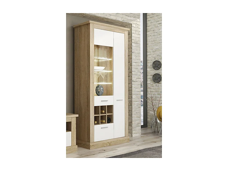 Mueble Vitrina Con Luces Led - Armario Auxiliar Comedor - Acabado Color Cambria y Blanco - Medidas: Ancho: 96 cm x Fondo: 41,8 cm x Alto: 201,6 cm