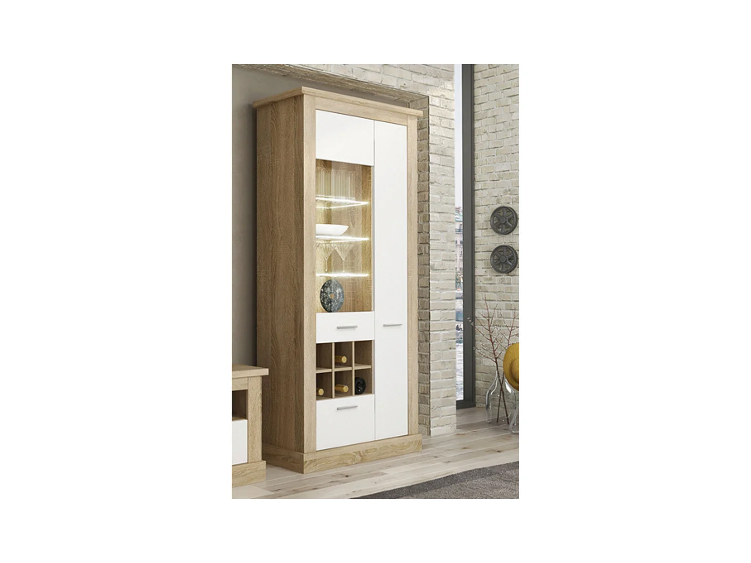 Mueble Vitrina Con Luces Led - Armario Auxiliar Comedor - Acabado Color Cambria y Blanco - Medidas: Ancho: 96 cm x Fondo: 41,8 cm x Alto: 201,6 cm