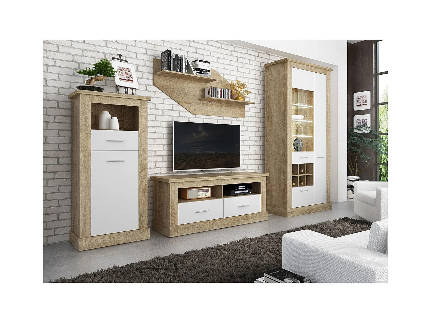Mueble Vitrina Con Luces Led - Armario Auxiliar Comedor - Acabado Color Cambria y Blanco - Medidas: Ancho: 96 cm x Fondo: 41,8 cm x Alto: 201,6 cm