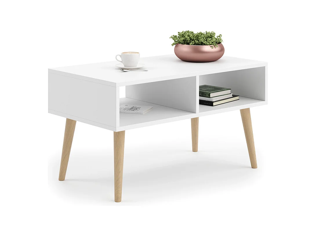 Mesa de Centro Blanca y Patas Madera 90x50x55 cm – Estilo Escandinavo, Diseño Moderno y Funcional para Salón, Ideal como Mesa Auxiliar
