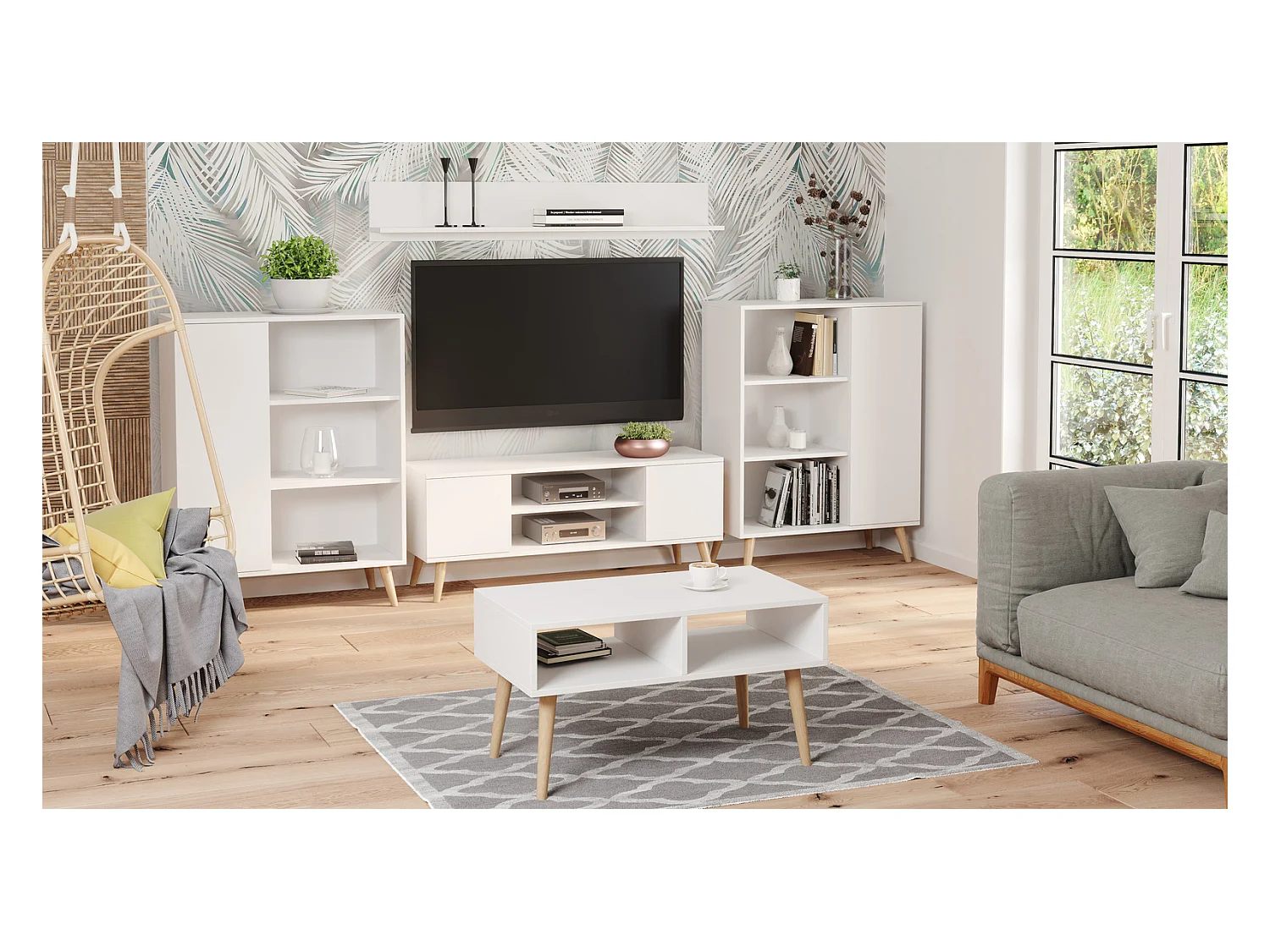 Mesa de Centro Blanca y Patas Madera 90x50x55 cm – Estilo Escandinavo, Diseño Moderno y Funcional para Salón, Ideal como Mesa Auxiliar