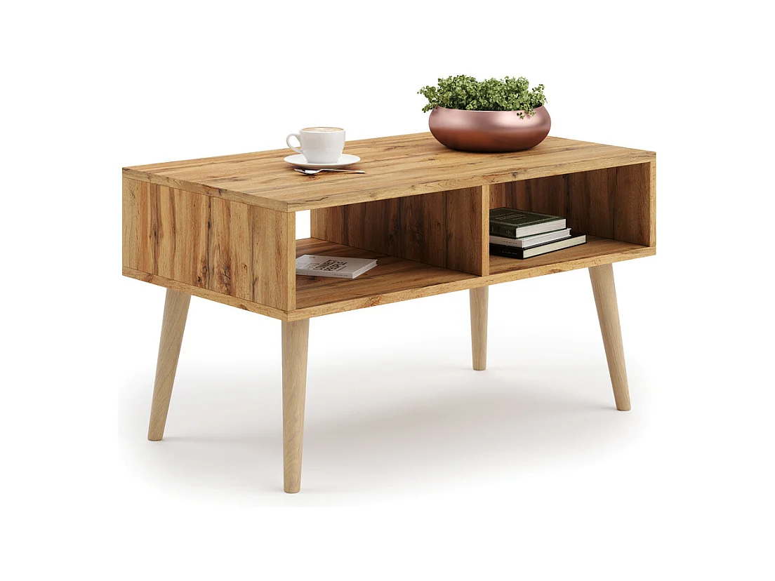 Mesa de Centro Roble Artesanal Dorado y Patas Madera 90x50x55 cm – Estilo Escandinavo, Diseño Moderno y Funcional para Salón