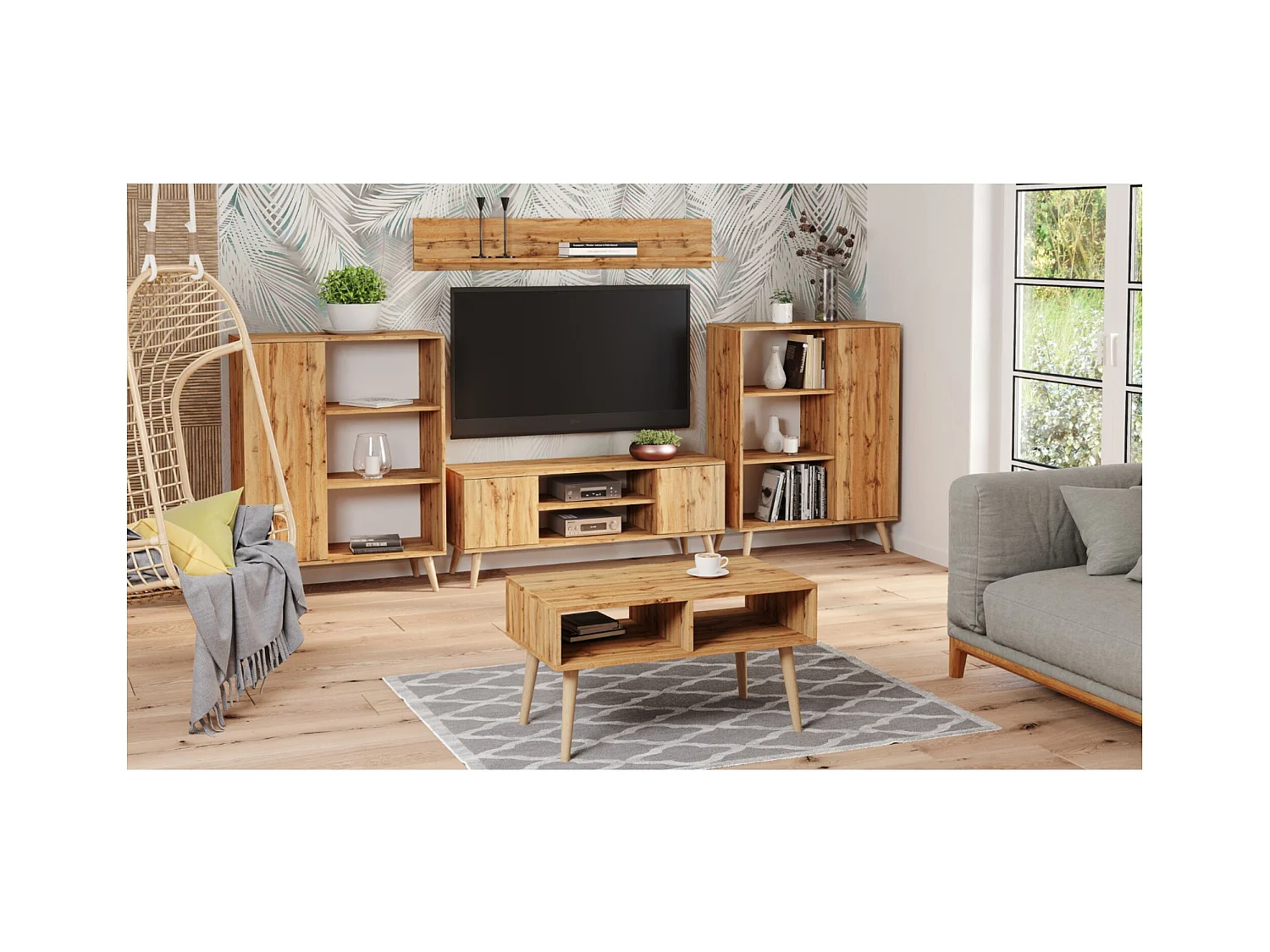 Mesa de Centro Roble Artesanal Dorado y Patas Madera 90x50x55 cm – Estilo Escandinavo, Diseño Moderno y Funcional para Salón