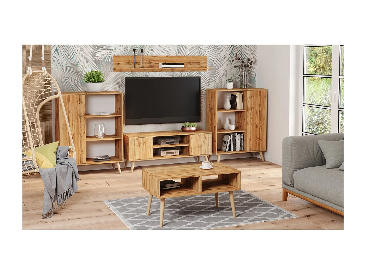 Mesa de Centro Roble Artesanal Dorado y Patas Madera 90x50x55 cm – Estilo Escandinavo, Diseño Moderno y Funcional para Salón