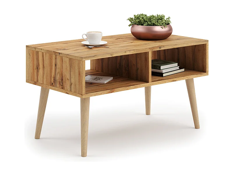 Mesa de Centro Roble Artesanal Dorado y Patas Madera 90x50x55 cm – Estilo Escandinavo, Diseño Moderno y Funcional para Salón