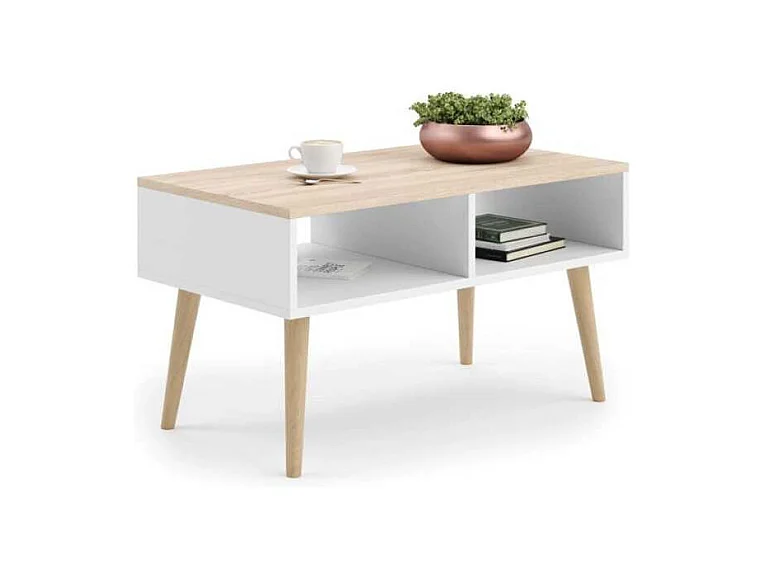 Mesa de Centro Sonoma y Blanca y Patas Madera 90x50x55 cm – Estilo Escandinavo, Diseño Moderno y Funcional para Salón, Ideal como Mesa Auxiliar