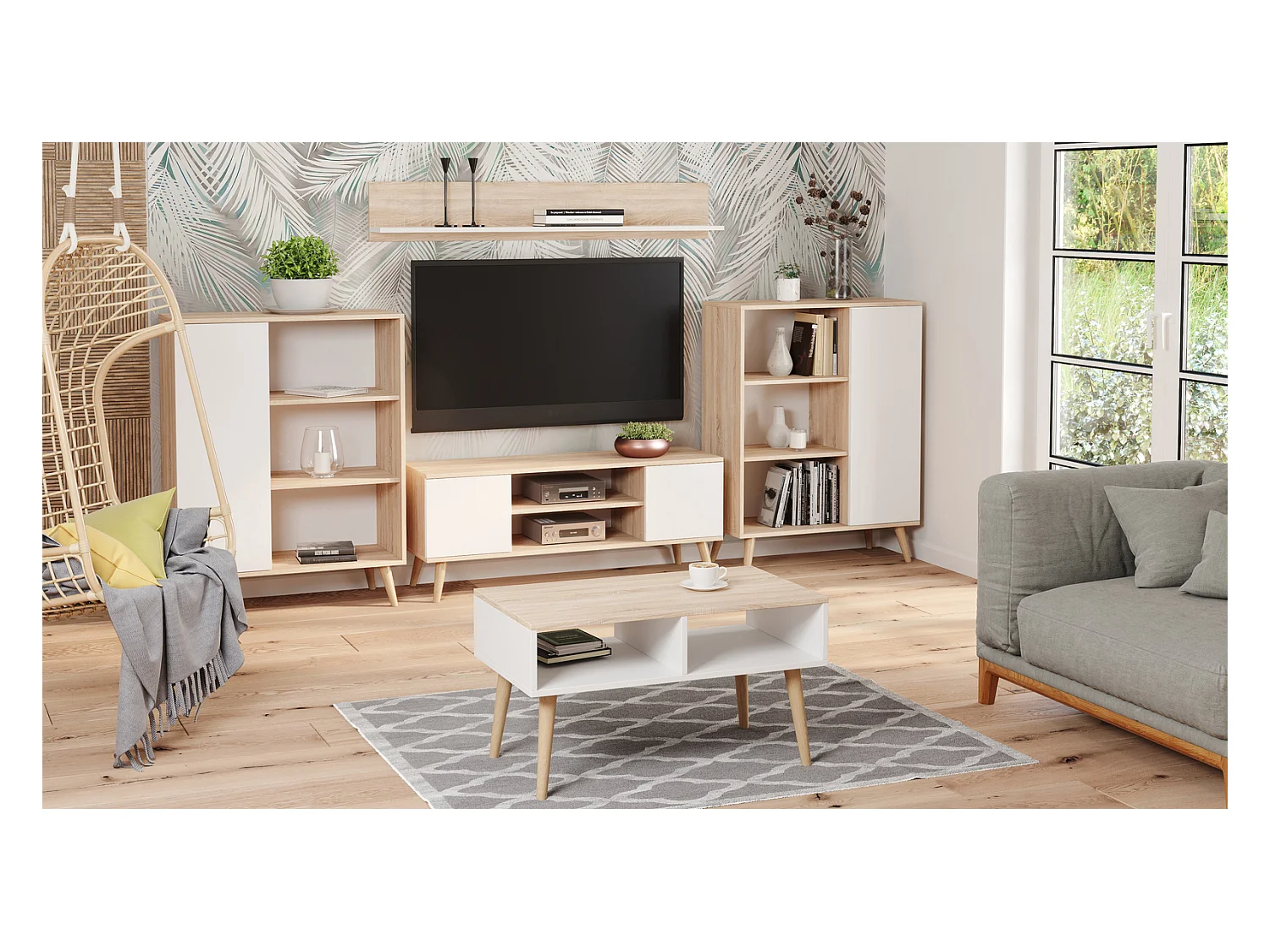 Mesa de Centro Sonoma y Blanca y Patas Madera 90x50x55 cm – Estilo Escandinavo, Diseño Moderno y Funcional para Salón, Ideal como Mesa Auxiliar