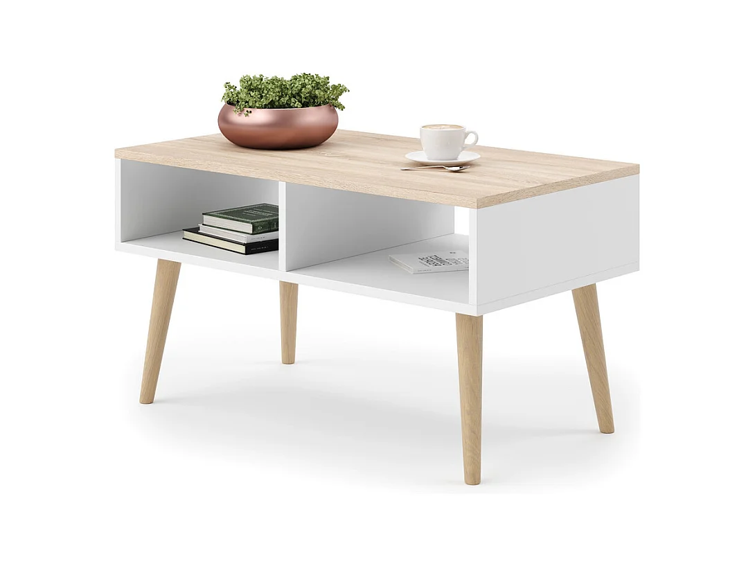 Mesa de Centro Sonoma y Blanca y Patas Madera 90x50x55 cm – Estilo Escandinavo, Diseño Moderno y Funcional para Salón, Ideal como Mesa Auxiliar