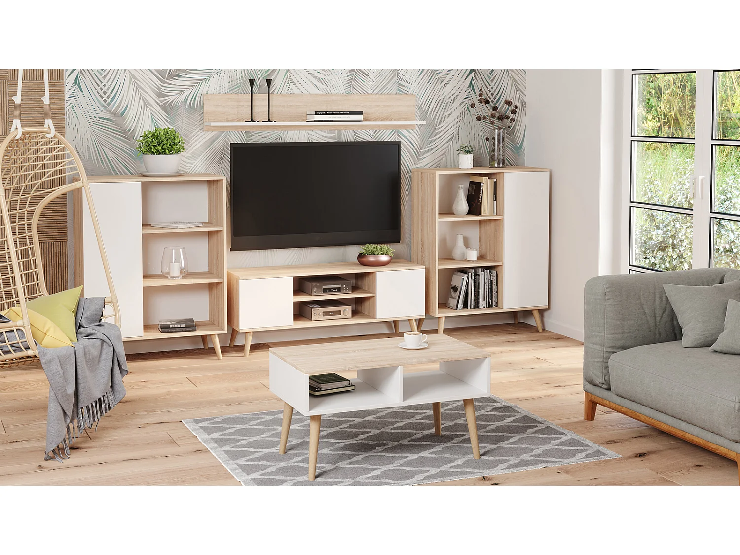 Mesa de Centro Sonoma y Blanca y Patas Madera 90x50x55 cm – Estilo Escandinavo, Diseño Moderno y Funcional para Salón, Ideal como Mesa Auxiliar