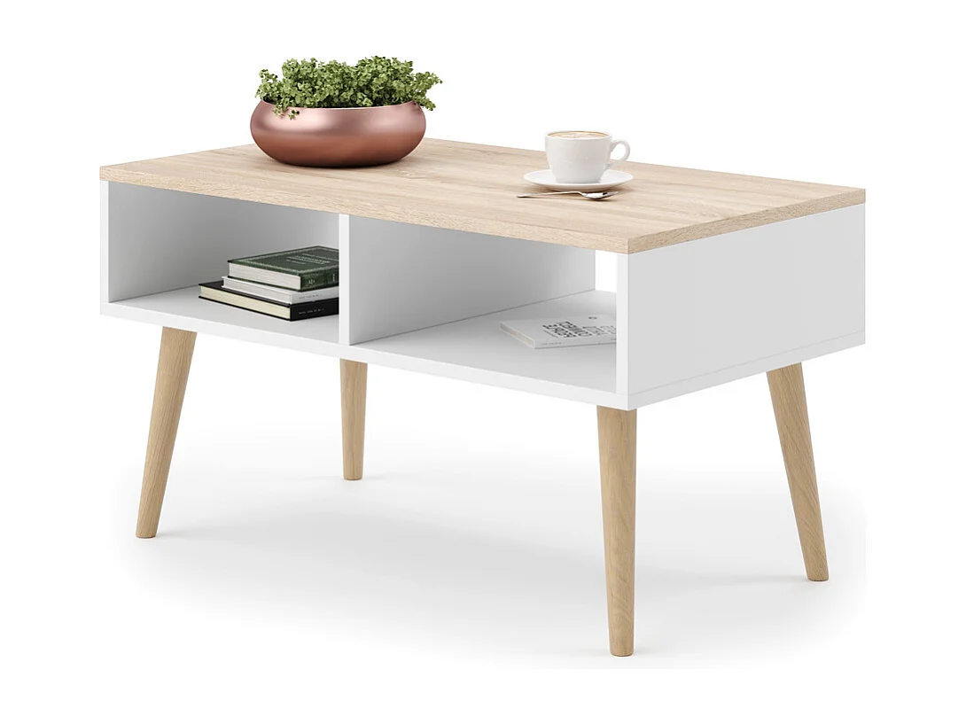 Mesa de Centro Sonoma y Blanca y Patas Madera 90x50x55 cm – Estilo Escandinavo, Diseño Moderno y Funcional para Salón, Ideal como Mesa Auxiliar