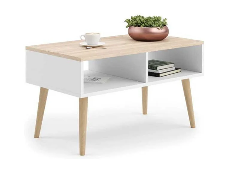 Mesa de Centro Sonoma y Blanca y Patas Madera 90x50x55 cm – Estilo Escandinavo, Diseño Moderno y Funcional para Salón, Ideal como Mesa Auxiliar