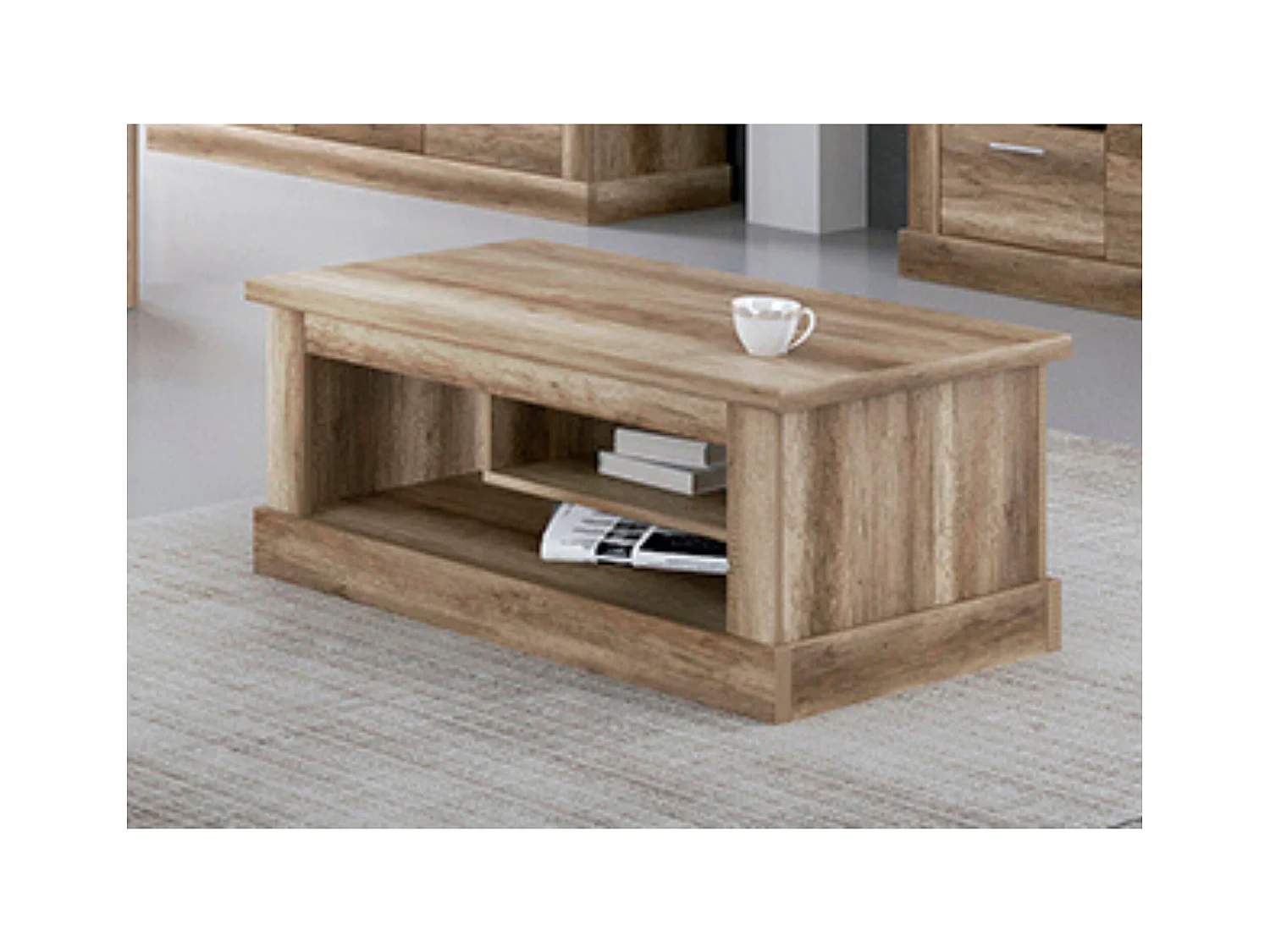 Mesa de Centro con 2 Huecos, Mesa Auxiliar, Acabado en Color Cañón, Medidas: 109,9 cm (Largo) x 60 cm (Ancho) x 45,2 cm (Alto)