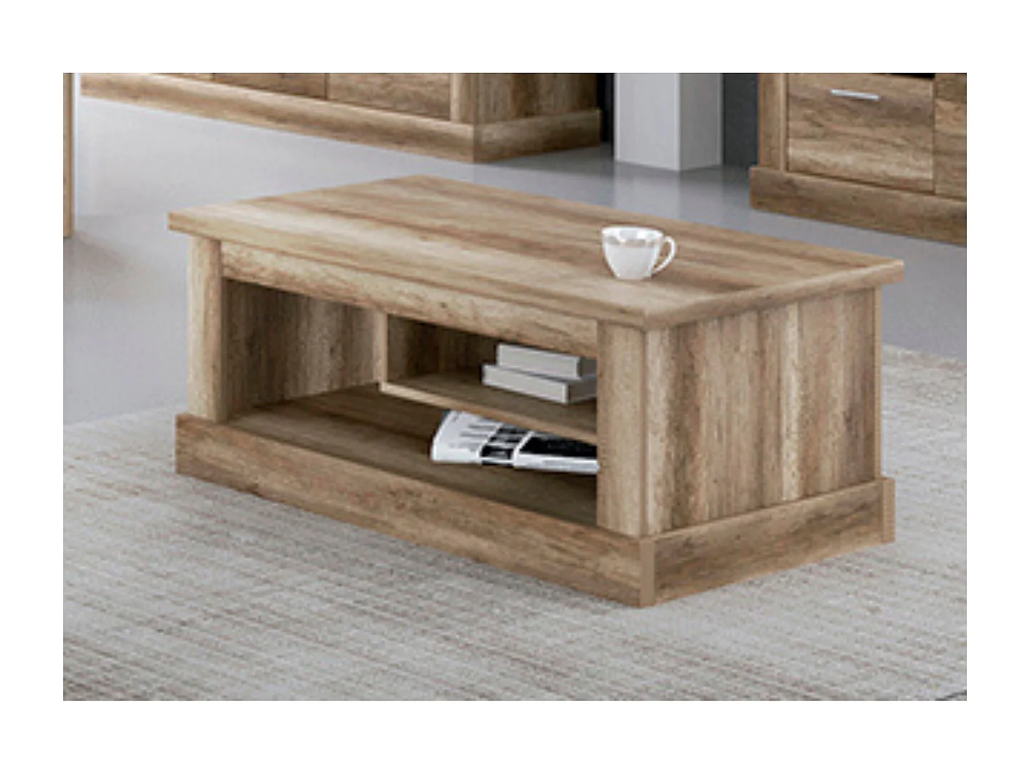 Mesa de Centro con 2 Huecos, Mesa Auxiliar, Acabado en Color Cañón, Medidas: 109,9 cm (Largo) x 60 cm (Ancho) x 45,2 cm (Alto)