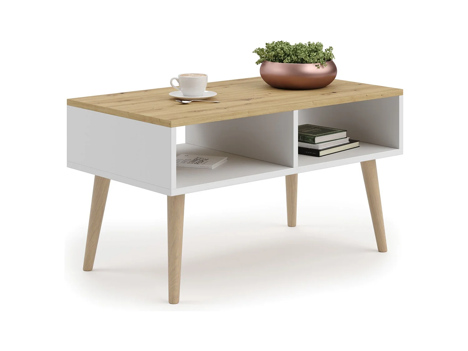 Mesa de Centro Blanca/Roble artesanal 90x50x55 cm – Estilo Escandinavo, Diseño Moderno y Funcional para Salón, Ideal como Mesa Auxiliar