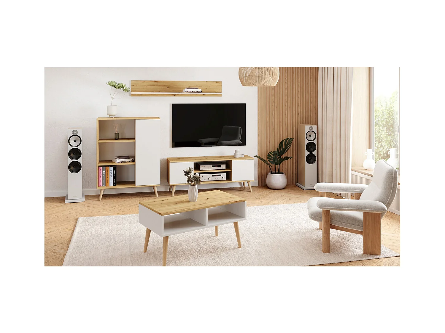 Mesa de Centro Blanca/Roble artesanal 90x50x55 cm – Estilo Escandinavo, Diseño Moderno y Funcional para Salón, Ideal como Mesa Auxiliar