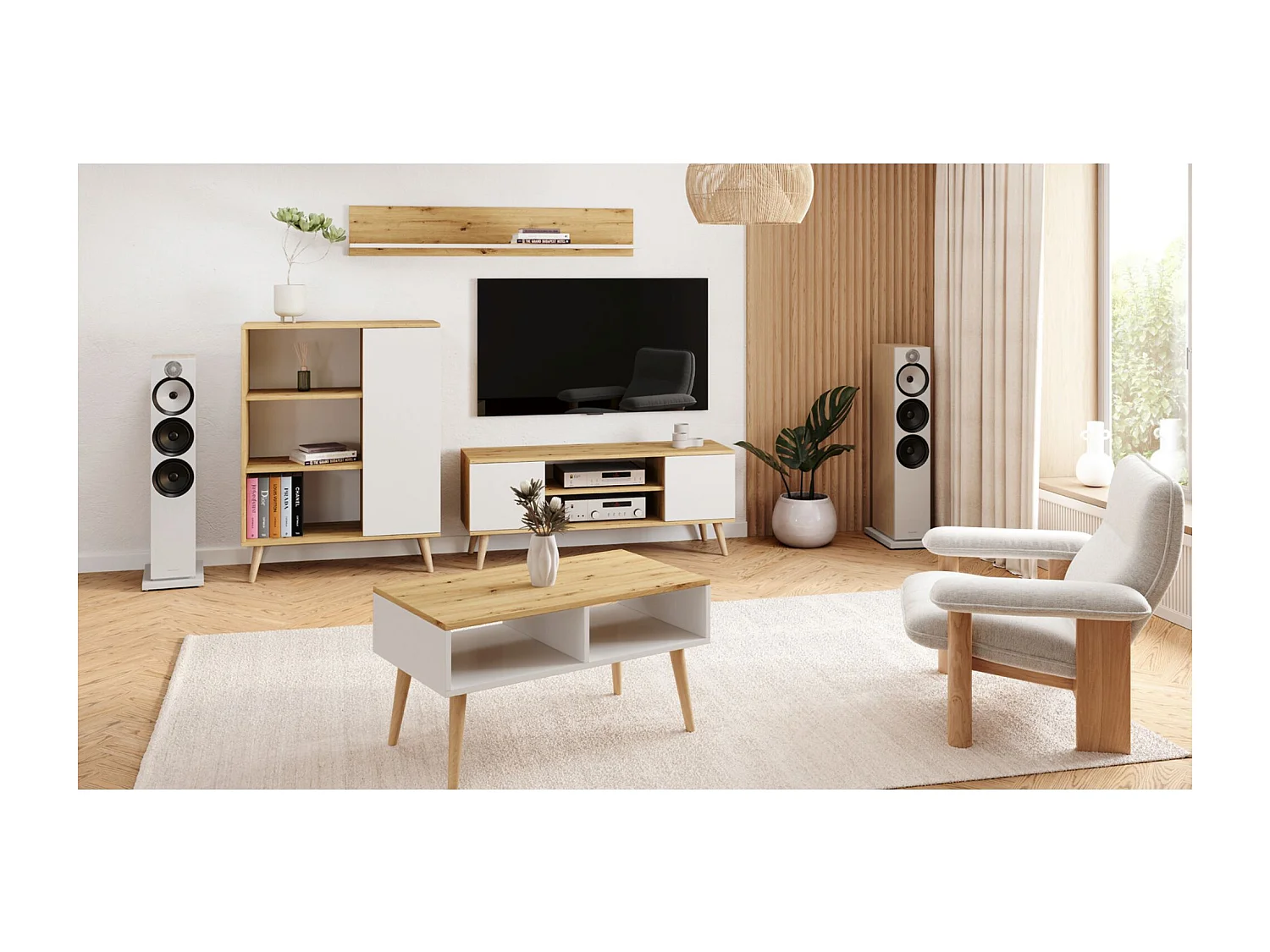 Mesa de Centro Blanca/Roble artesanal 90x50x55 cm – Estilo Escandinavo, Diseño Moderno y Funcional para Salón, Ideal como Mesa Auxiliar