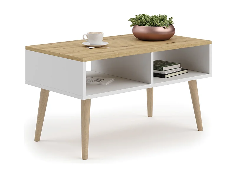 Mesa de Centro Blanca/Roble artesanal 90x50x55 cm – Estilo Escandinavo, Diseño Moderno y Funcional para Salón, Ideal como Mesa Auxiliar