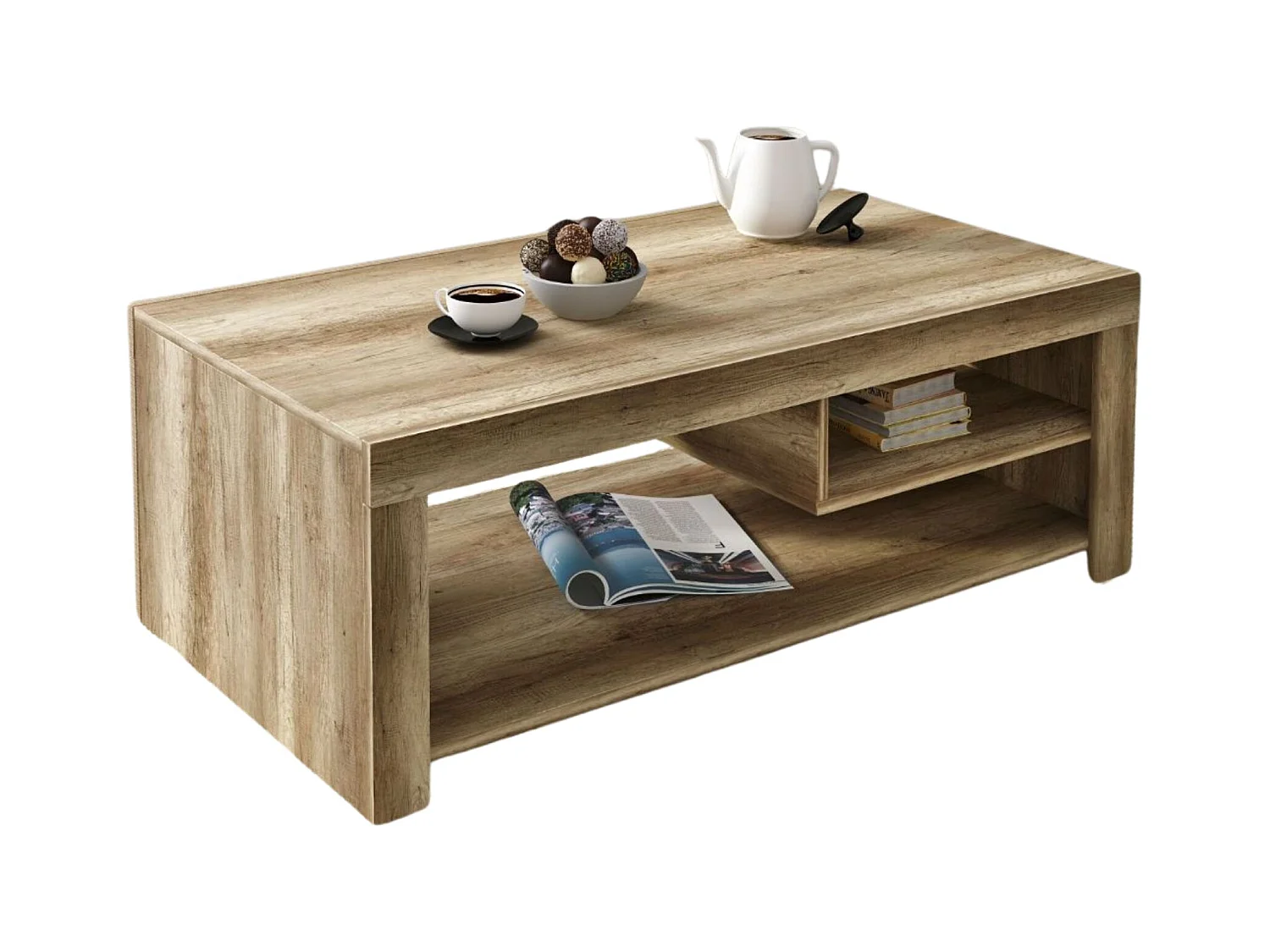 Mesa de Centro con 2 Huecos, Mesa Auxiliar, Acabado en Color Cañón, Medidas: 110 cm (Largo) x 60 cm (Ancho) x 40 cm (Alto)