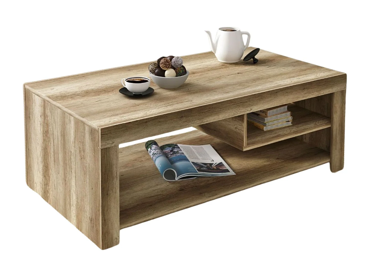 Mesa de Centro con 2 Huecos, Mesa Auxiliar, Acabado en Color Cañón, Medidas: 110 cm (Largo) x 60 cm (Ancho) x 40 cm (Alto)