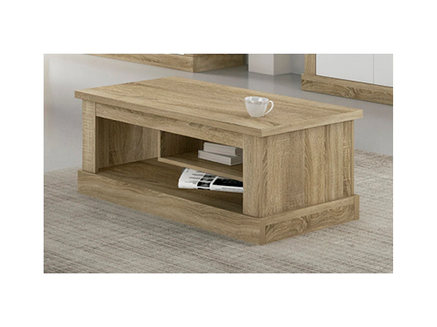 Mesa de Centro con 2 Huecos, Mesa Auxiliar, Acabado en Cambria y blanco, Medidas: 109,9 cm (Largo) x 60 cm (Ancho) x 45,2 cm (Alto)