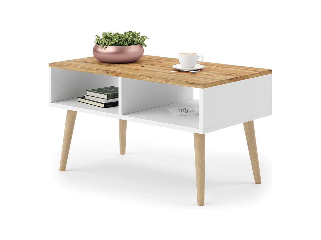 Mesa de Centro Roble Sandi - Blanco y Patas Madera 90x50x55 cm – Estilo Escandinavo, Diseño Moderno y Funcional para Salón, Ideal como Mesa Auxiliar