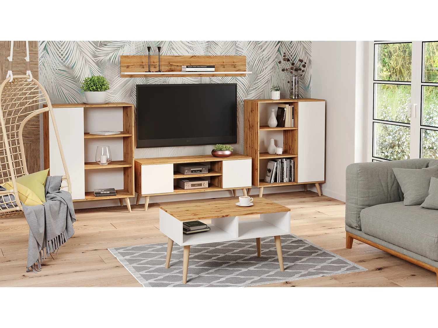 Mesa de Centro Roble Sandi - Blanco y Patas Madera 90x50x55 cm – Estilo Escandinavo, Diseño Moderno y Funcional para Salón, Ideal como Mesa Auxiliar