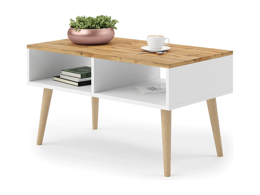 Mesa de Centro Roble Sandi - Blanco y Patas Madera 90x50x55 cm – Estilo Escandinavo, Diseño Moderno y Funcional para Salón, Ideal como Mesa Auxiliar