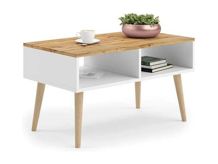 Mesa de Centro Roble Sandi - Blanco y Patas Madera 90x50x55 cm – Estilo Escandinavo, Diseño Moderno y Funcional para Salón, Ideal como Mesa Auxiliar