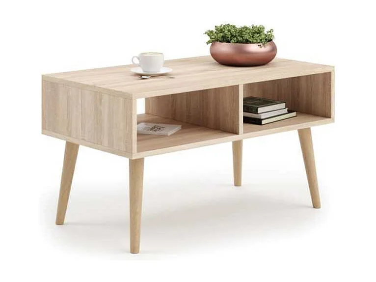 Mesa de Centro Roble Sonoma y Patas Madera 90x50x55 cm – Estilo Escandinavo, Diseño Moderno y Funcional para Salón, Ideal como Mesa Auxiliar