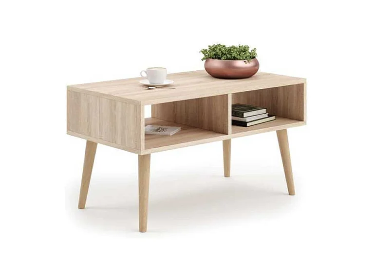 Mesa de Centro Roble Sonoma y Patas Madera 90x50x55 cm – Estilo Escandinavo, Diseño Moderno y Funcional para Salón, Ideal como Mesa Auxiliar