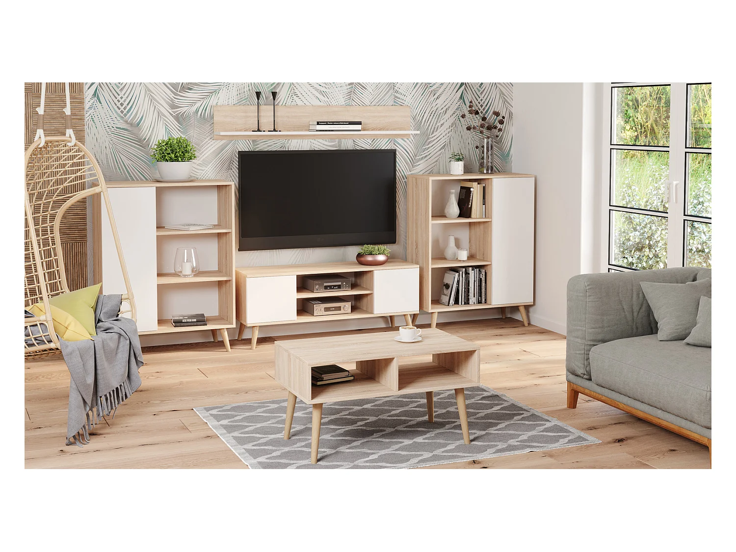 Mesa de Centro Roble Sonoma y Patas Madera 90x50x55 cm – Estilo Escandinavo, Diseño Moderno y Funcional para Salón, Ideal como Mesa Auxiliar