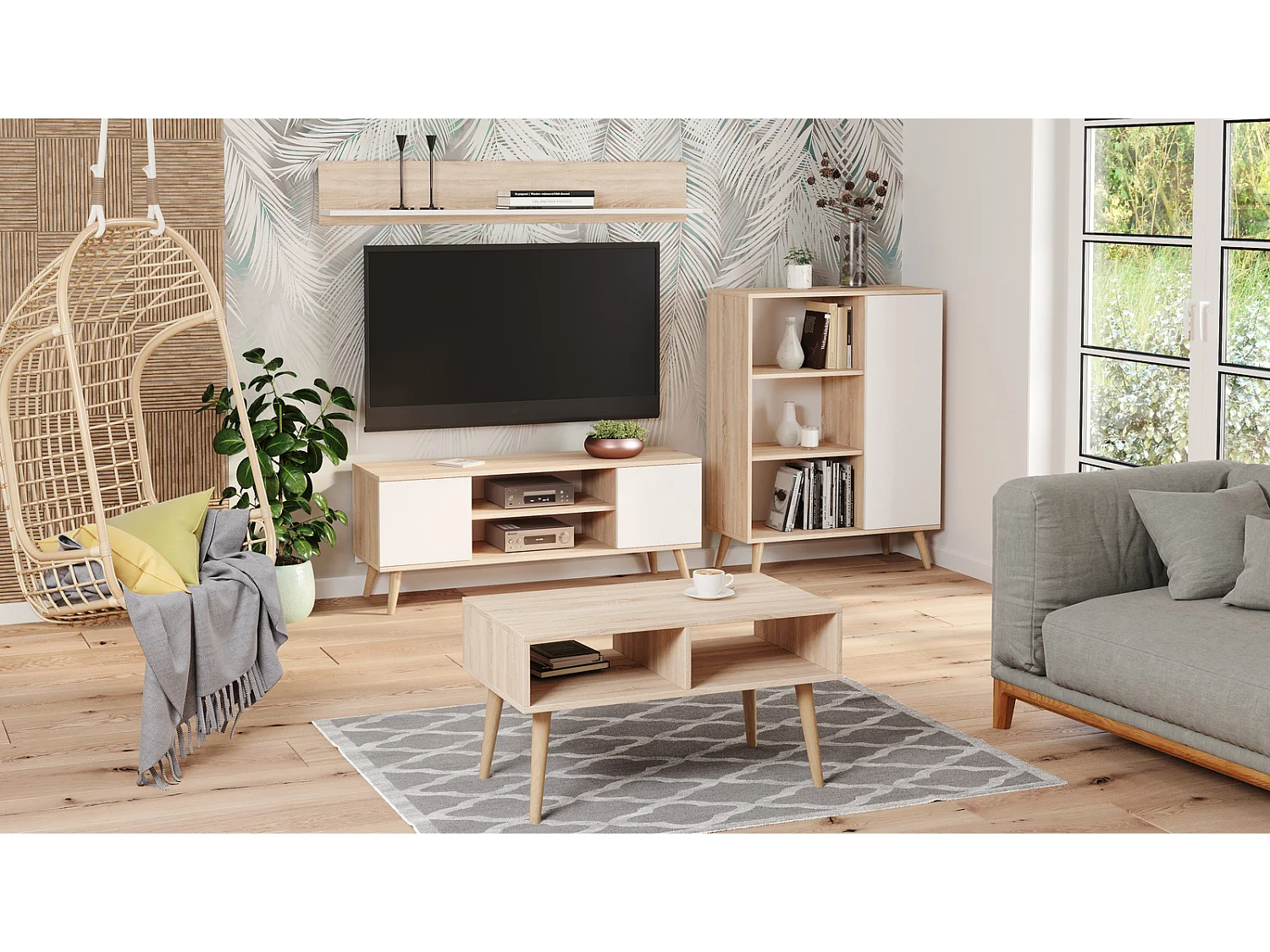 Mesa de Centro Roble Sonoma y Patas Madera 90x50x55 cm – Estilo Escandinavo, Diseño Moderno y Funcional para Salón, Ideal como Mesa Auxiliar