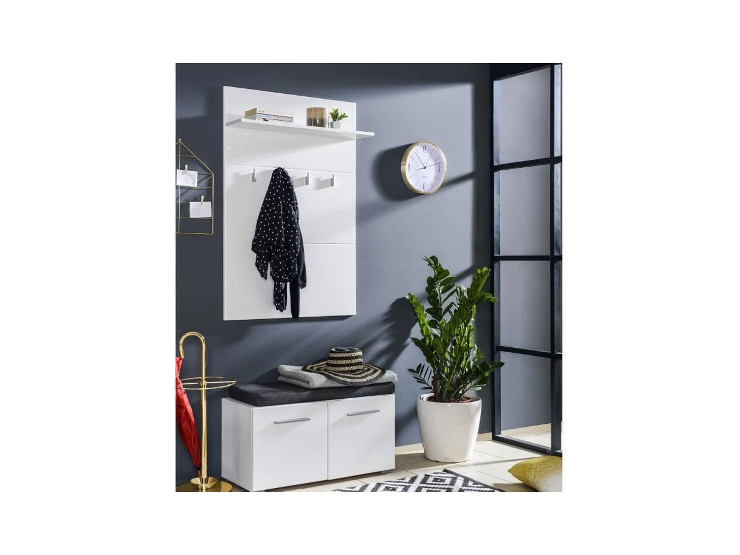 Perchero Recibidor de Pared – 76x19,5x114 cm, Color Blanco Brillo, con Estante Superior y 4 Perchas en Plata, Laminado Resistente, KIT Fácil Montaje