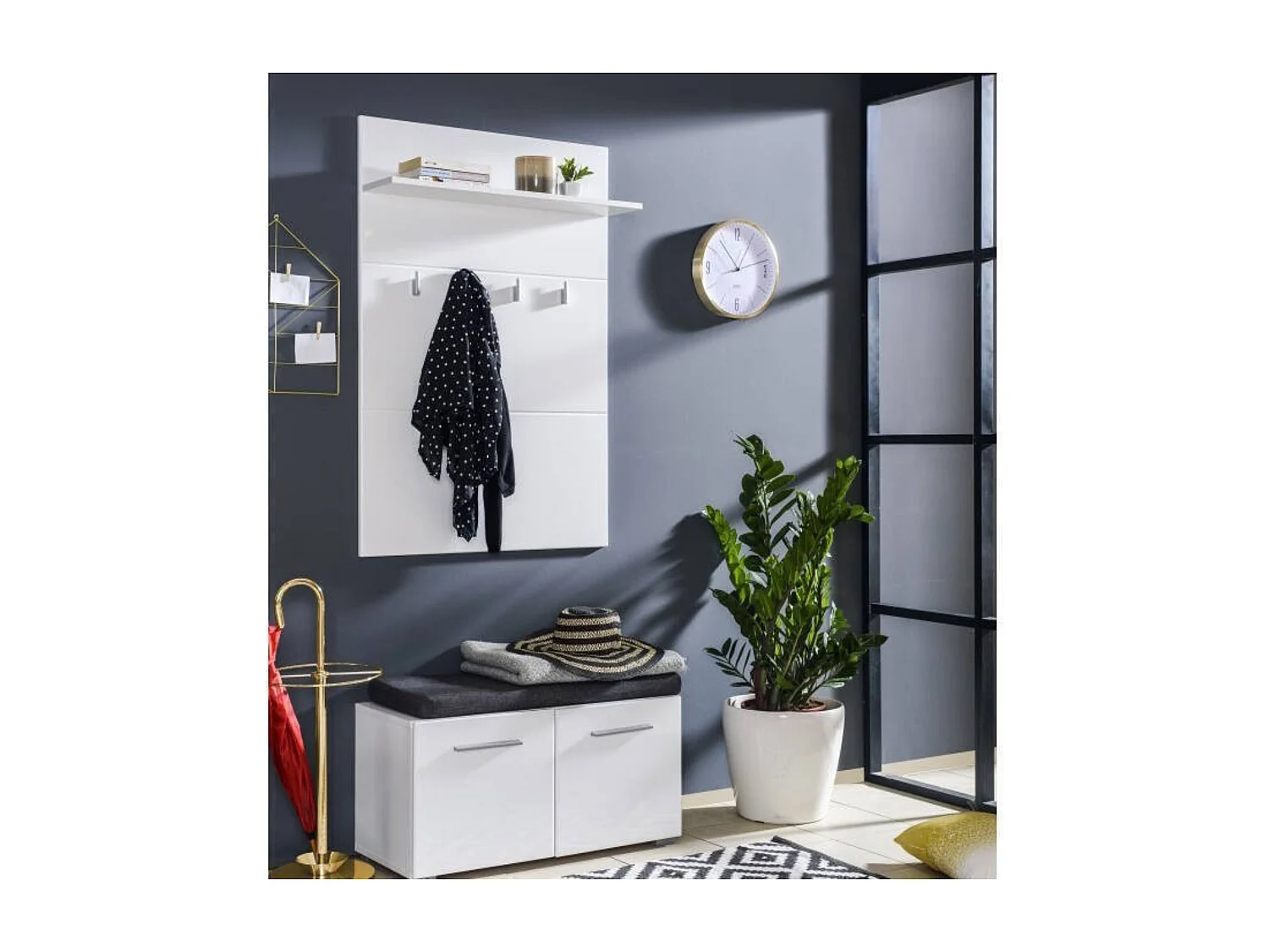 Perchero Recibidor de Pared – 76x19,5x114 cm, Color Blanco Brillo, con Estante Superior y 4 Perchas en Plata, Laminado Resistente, KIT Fácil Montaje