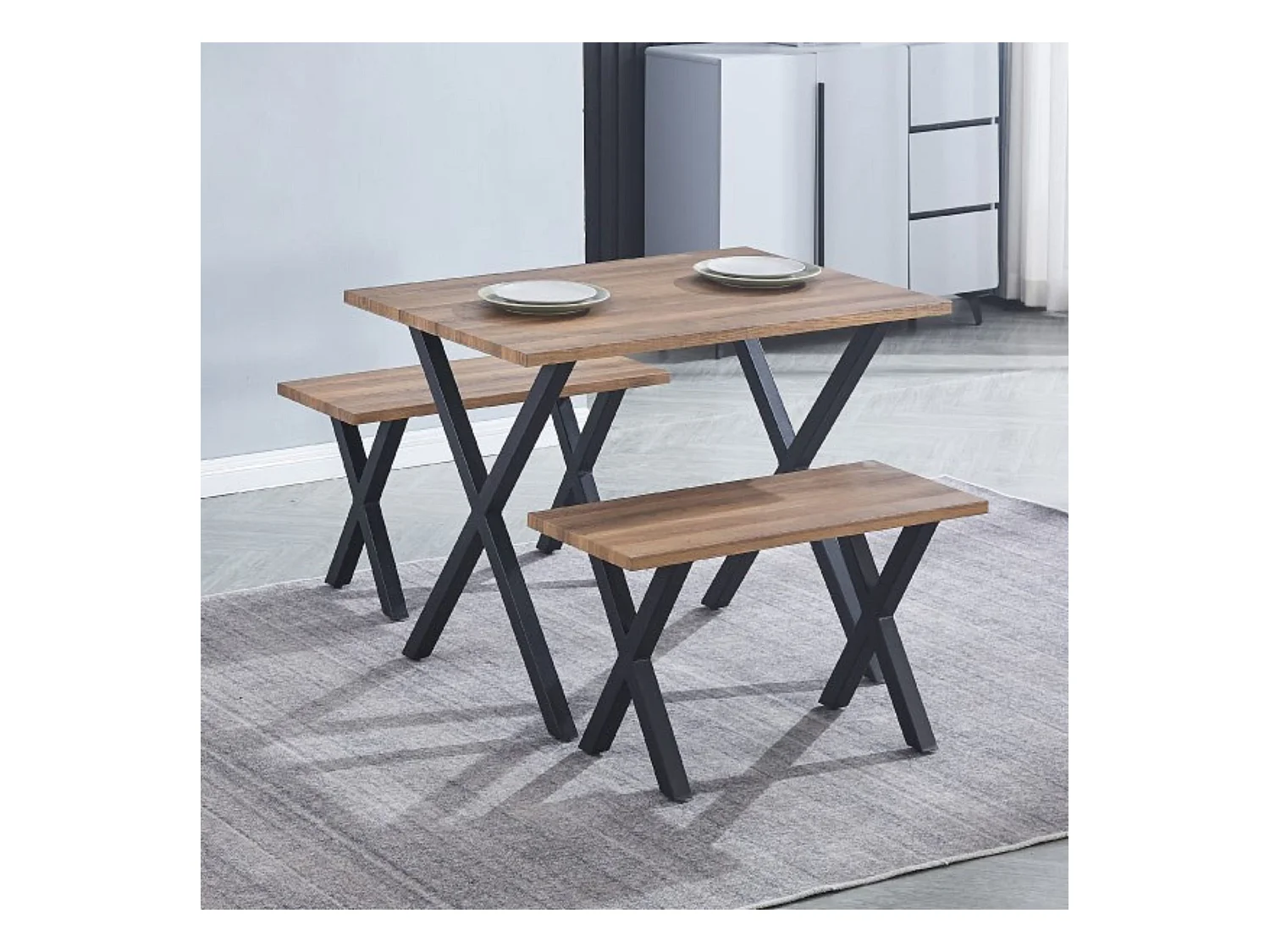 Mesa comedor + 2 taburetes: Mesa madera y Patas Metálicas En Negro (76x100x70 Cm) + 2 Taburetes Color Madera y Metal Negro  (45x80x35 Cm )