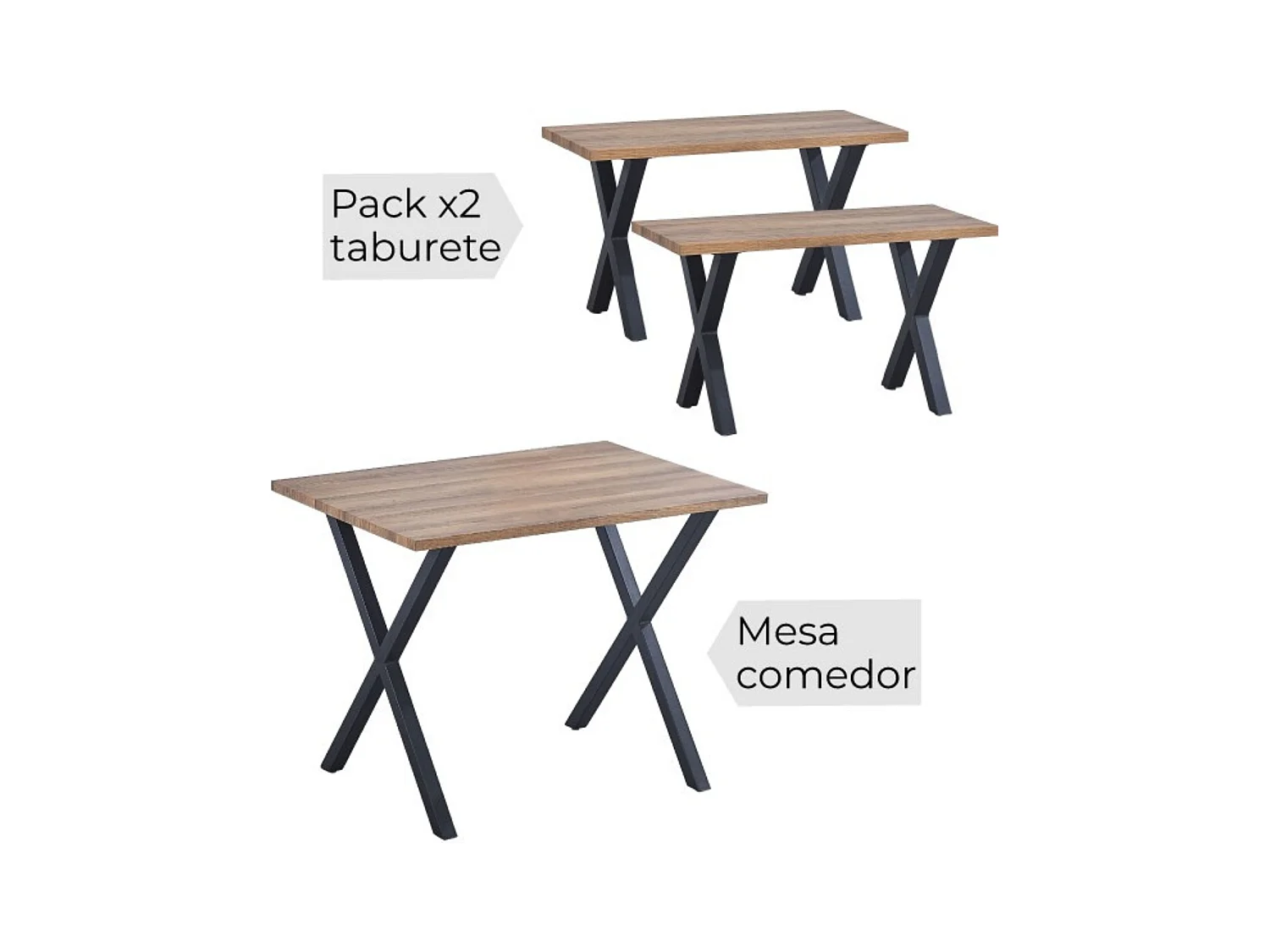 Mesa comedor + 2 taburetes: Mesa madera y Patas Metálicas En Negro (76x100x70 Cm) + 2 Taburetes Color Madera y Metal Negro  (45x80x35 Cm )