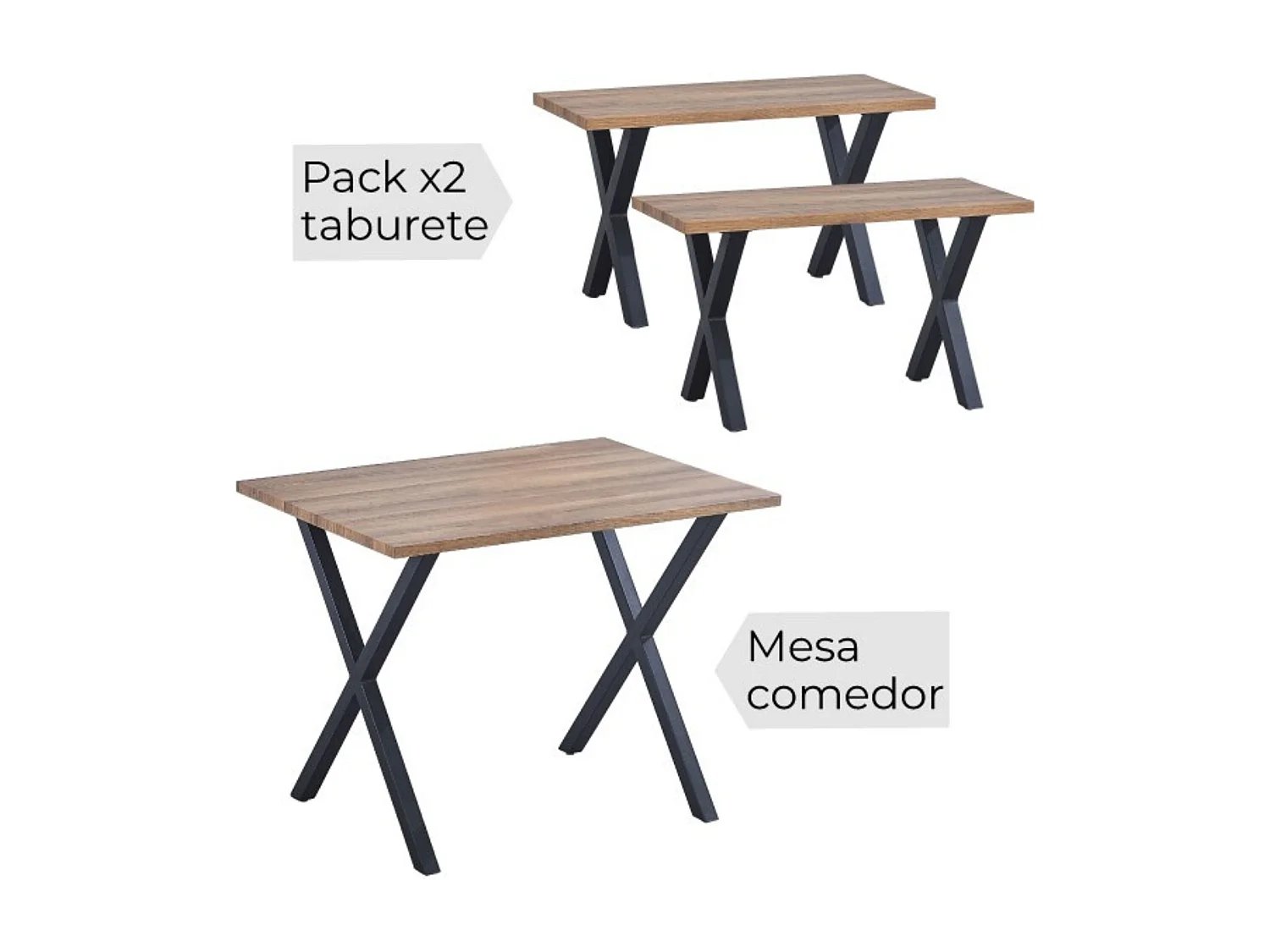 Mesa comedor + 2 taburetes: Mesa madera y Patas Metálicas En Negro (76x100x70 Cm) + 2 Taburetes Color Madera y Metal Negro  (45x80x35 Cm )