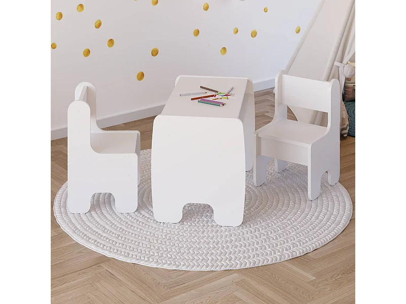Conjunto Infantil Color Blanco: Mesa y 2 Sillas – Altura de Silla 55 cm, Asiento 28 cm de Alto x 33 cm Ancho x 34 cm Fondo, Ideal para Niños