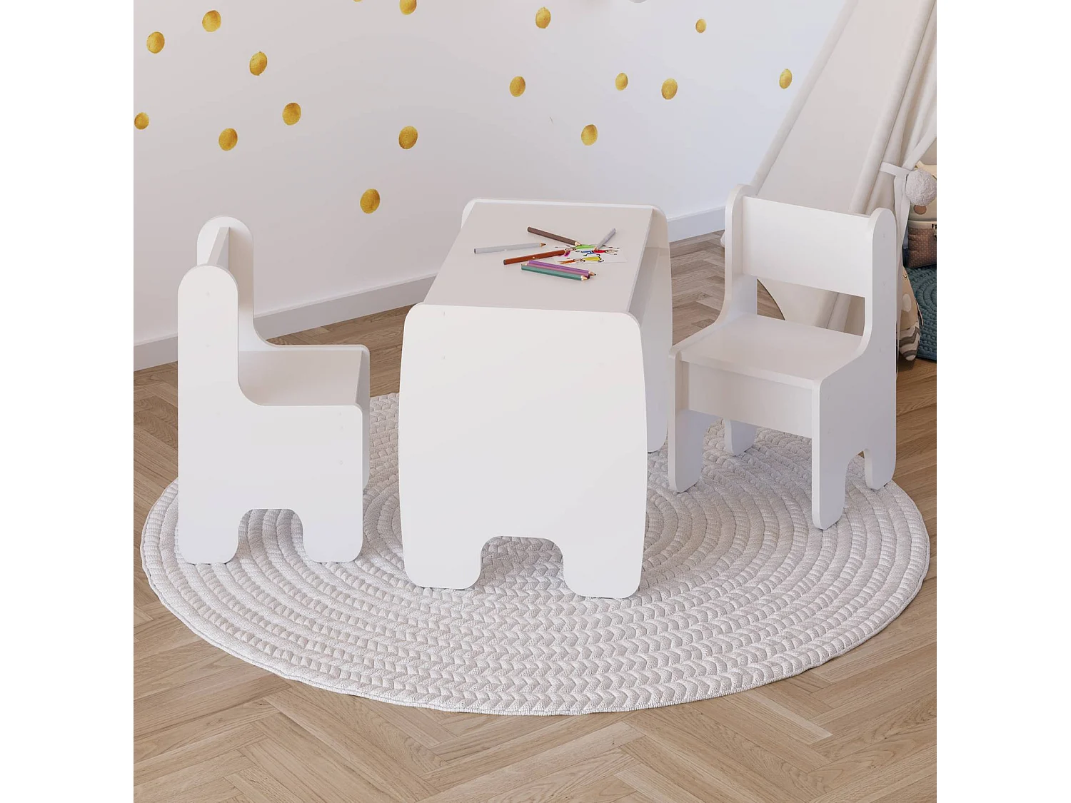 Conjunto Infantil Color Blanco: Mesa y 2 Sillas – Altura de Silla 55 cm, Asiento 28 cm de Alto x 33 cm Ancho x 34 cm Fondo, Ideal para Niños