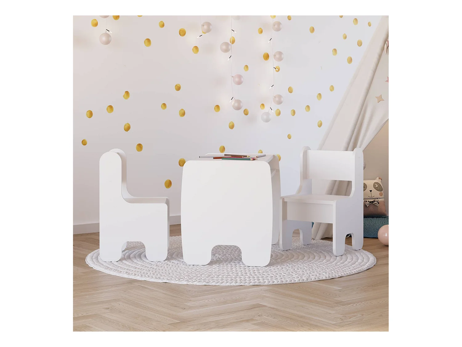 Conjunto Infantil Color Blanco: Mesa y 2 Sillas – Altura de Silla 55 cm, Asiento 28 cm de Alto x 33 cm Ancho x 34 cm Fondo, Ideal para Niños