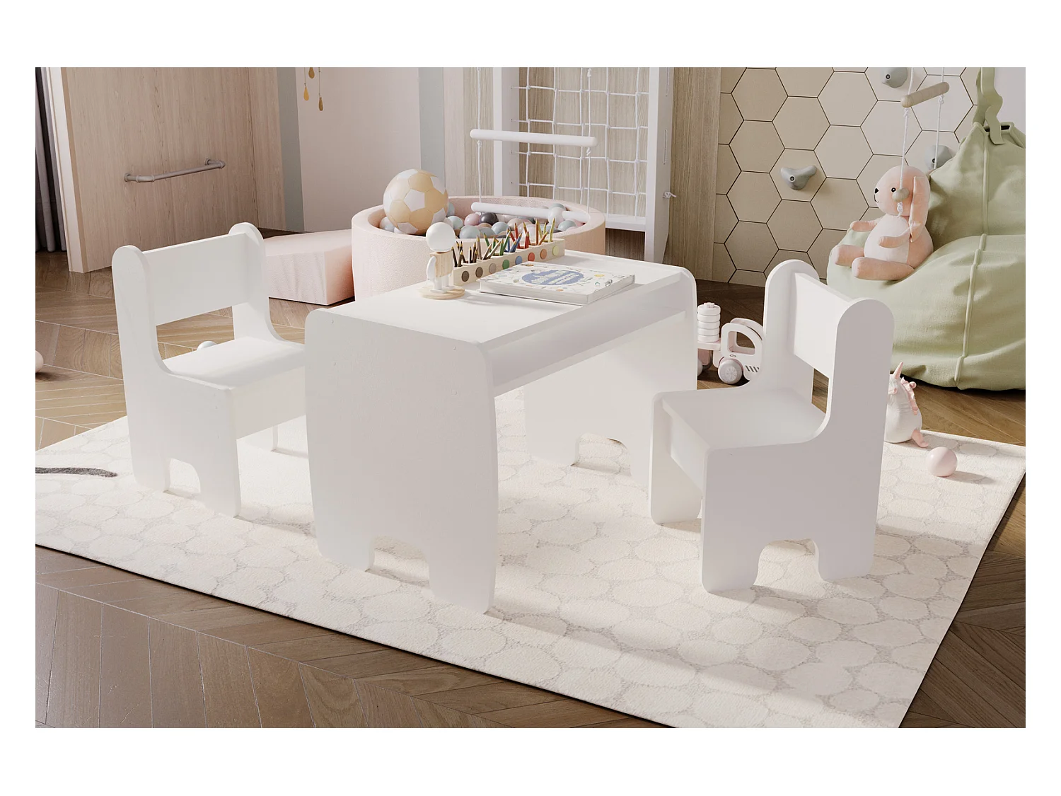 Conjunto Infantil Color Blanco: Mesa y 2 Sillas – Altura de Silla 55 cm, Asiento 28 cm de Alto x 33 cm Ancho x 34 cm Fondo, Ideal para Niños