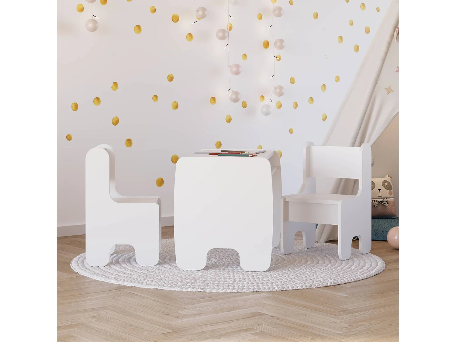 Conjunto Infantil Color Blanco: Mesa y 2 Sillas – Altura de Silla 55 cm, Asiento 28 cm de Alto x 33 cm Ancho x 34 cm Fondo, Ideal para Niños